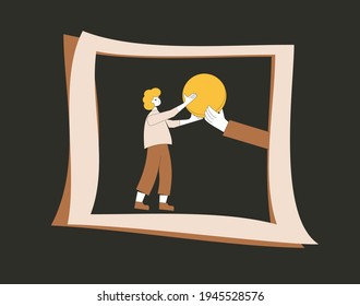 Donation concept. Cash back. Big hand giving money to young man. Boy get huge coin. Line art flat vector illustration. 