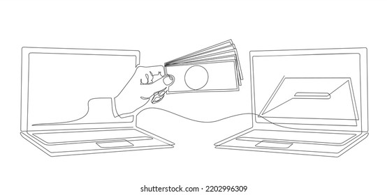 Donation concept. Continuous one line drawing of Hand putting dollars in the donate box on laptop. 