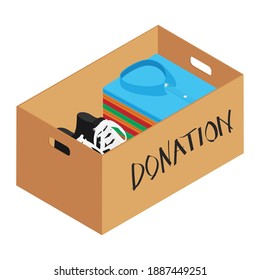 Donation Concept. Donate Box full of clothes and shoes. Isometric view