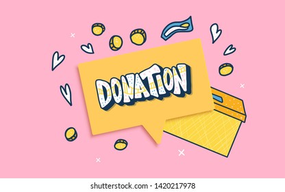 Donation concept. Donate lettering with box, coin and other decoration. Vector color illustration.