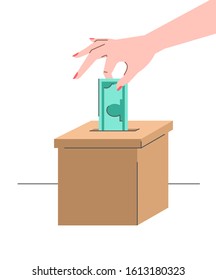 Donation concept. Female hand puts a dollar in a cardboard box. Flat vector illustration. Charity volunteer support. Social help banner. Idea of crowdfunding. Money donate symbol