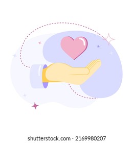Concepto de donación ilustración plana con las manos en el corazón.
Ayuda, apoyo, concepto voluntario. Diseño de ilustración vectorial plana para imprimir tarjetas de felicitación, carteles, carteles, volante y publicidad. 