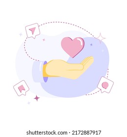 Donation concept flat illustration with hands holding heart.
Help, support, volunteer concept. Flat vector illustration design for printing greeting cards, banners, posters, flyer and advertising. 
