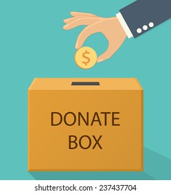 Donation concept. Hand putting coin in the donate box. Flat style