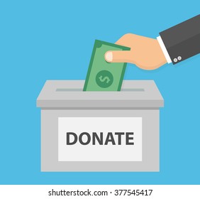 Donation concept. Hand putting money bill in to the donation box. Flat style