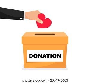 Concepto de donación. Mano tirando el corazón a una caja para donaciones. Donación, caridad y voluntariado. Ilustración vectorial.