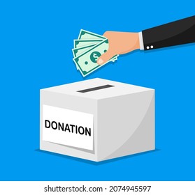 Concepto de donación. Entregar dinero a mano en una caja para donaciones. Dé dinero para una donación, caridad y voluntariado. Ilustración vectorial.