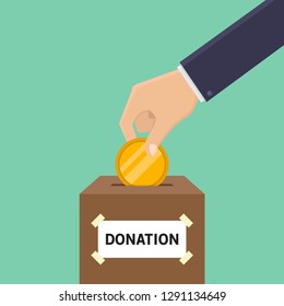 Donation concept, hands holding coins, putting money into donation box, green background, flat design vector illustration