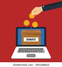 Donation concept, hands holding coins to box on the laptop screen.Conceptual vector illustration in flat style design.Isolated on background.