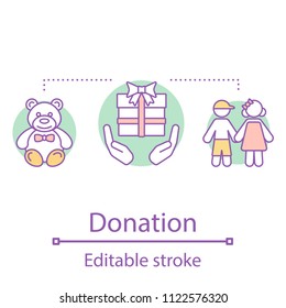 Donation concept icon. Children's charity idea thin line illustration. Donate gift to child. Charitable foundation. Children protection. Vector isolated outline drawing. Editable stroke