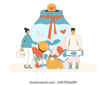 Donation concept. International charity day. People standing near glass jar money with coins, envelope of banknotes, heart symbols isolated on white background. Tips for support. Vector illustration.