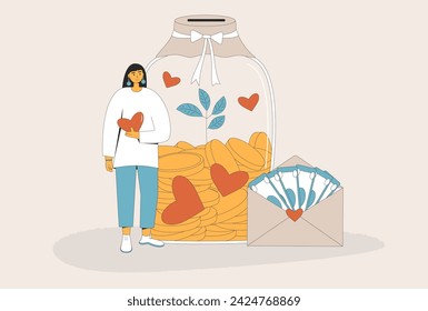 Donation concept. International charity day. Young founder of nonprofit organization standing near glass jar money with coins, envelope of banknotes, heart symbols. Volunteer. Vector illustration.