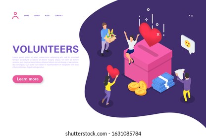 Donation concept. Little people do charity work. Men and women bring food, clothes, money. Volunteering, altruism. Flat vector isometric illustration.