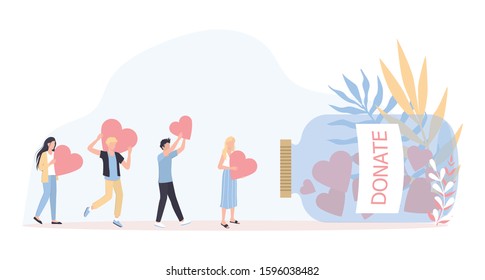 Donation concept. Little people holding hearts as a methaphor of philanthropy. Idea of money investment or crowdfunding. Help poor people. Isolated vector illustration in cartoon style