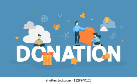 Donation concept. Little people sitting on the letters holding a big heart with icons above them such as bulb, gear, gift and globe. Isolated flat vector illustration