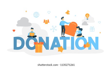 Donation concept. Little people sitting on the letters holding a big heart. Idea of money investment or crowdfunding. Help poor people. Isolated flat vector illustration