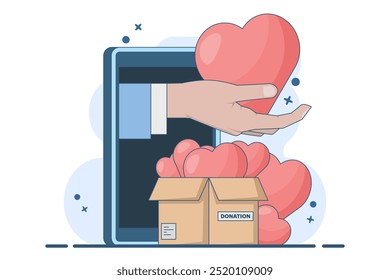 Concepto de donación, donación en línea, Asistencia financiera y recaudación de fondos, Organización sin fines de lucro, Asistencia y ayuda, Voluntariado, Asistencia social, Organización sin fines de lucro. Ilustración vectorial plana.