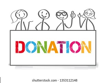 Donation Concept. People holding a banner with the word DONATE. Vector illustration of giving help, donating money, clothing, food, medicines