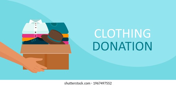 Concepto de donación. Vector de un hombre sosteniendo una caja llena de ropa