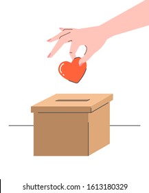 Donation concept. Woman puts a heart symbol in a cardboard box. Flat vector illustration. Charity volunteer support. Social help banner.