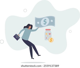 donation concept.Character putting money in jar.flat characters.