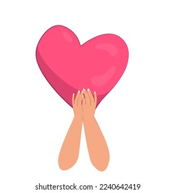 Donation Concept.Hands Give Big Heart.Love,Warmth,Charity, Social Aid,Donation Volunteer Support,Sponsorship Service, Volunteering Humanitarian Service. Valentine Day.Cartoon Flat Vector Illustration