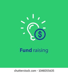 Donation and crowdfunding concept, fund raising, sponsor, idea light bulb, start up business, vector line icon