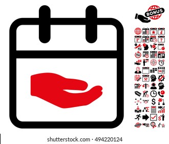 Donation Day icon with bonus calendar and time management pictogram. Vector illustration style is flat iconic bicolor symbols, intensive red and black colors, white background.