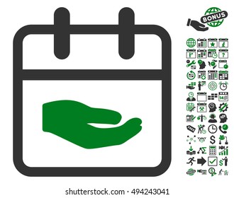 Donation Day pictograph with bonus calendar and time management graphic icons. Vector illustration style is flat iconic bicolor symbols, green and gray colors, white background.
