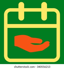 Donation Day vector icon. Style is bicolor flat symbol, orange and yellow colors, rounded angles, green background.