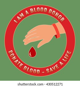 Donation design. Donate blood save life. Vector medical poster for clinic hospital. World Donor Day banner. Human hand, red blood drop, ribbon. Volunteer sign emblem. Saving life slogan concept.
