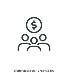 Donation and distribution thin outline icon. Minimalist line sign group of three male figures with money symbol. Vector isolated pictogram perfect for web and app or infographic editable stroke.