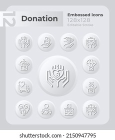 Donation embossed icons set. Charitable giving. Philanthropy. Neumorphism effect. Isolated vector illustrations. Minimalist button design collection. Editable stroke. Montserrat Bold, Light fonts used