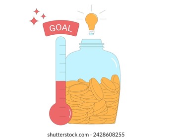 Donation event for non profit fund. Fundraising concept. Startup goal. thermometer and jar moneybox. Crowdfunding metaphor. Vector flat illustration.