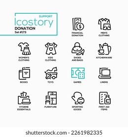 Donation of finances and essentials - line design style icons set with editable stroke. Donate clothes, shoes, bags, books, children's toys, bedding, furniture, hygiene items and kitchen utensils