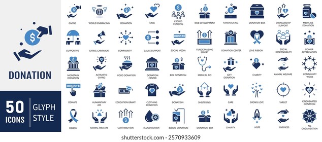 Donation Flat icons set. Charity, Donation, Giving, Food Donation, Teamwork, Relief and more. Vector illustration