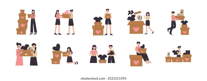 Donation flat illustration set. Include of solidarity, charity, fundraising, empathy, and donation box. Vector illustration isolated.