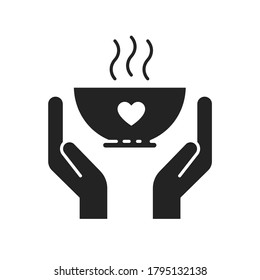 Donation Food Black Glyph Icon. Hands Hold Plate Hot Food. Pictogram For Web Page, Mobile App, Promo. 