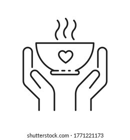 Donation Food Black Line Icon. Hands Hold Plate Hot Food. Pictogram For Web Page, Mobile App, Promo. 