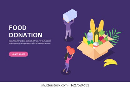 Donation And Food Distribution Concept. Volunteer Movement. Little People Collect Food In A Box. Flat Vector Isometric Illustration.