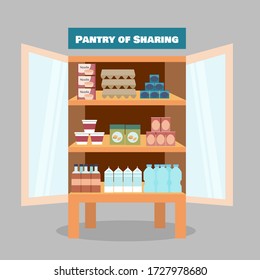 Donation food to other people in public cupboard. Pantry of sharing campaign. Lack of Food due to Coronavirus (COVID-19) crisis. Flat vector illustration.