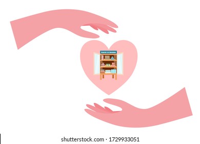 Donation food to other people in public cupboard. Pantry of sharing campaign. Lack of Food due to Coronavirus (COVID-19) crisis. Flat vector illustration.