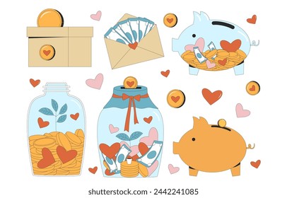 Donation and fundraising set. Jar box money with coins, envelope of banknotes, heart symbols. Share money crowdfunding. Vector flat illustration of financial elements isolated on white background.