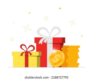 Donation Gift Box With Gold Coins. Donate And Charity Concept. Giving Money Service Advertising. Cash Present Or Giveaway Bonus Achievement. Vector Eps Illustration