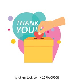 Donation, giving money and love concept perfect for banner, mobile app, landing page. Person throw heart into a box for donations. Heart in hand. Donation box. Vector illustration
