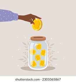 Donation glass jar with gold coins. African female hands throw money in huge bottle for donate. Financial charity for needy and children. Fundraising Concept. Vector illustration in cartoon style.