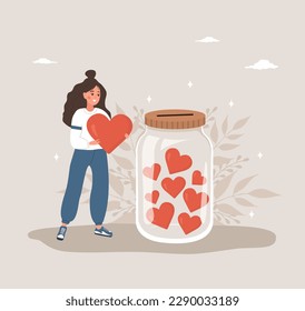 Donation glass jar with red hearts. Volunteer woman throw heart in huge bottle for donate. Give and share your love. Support for poor people and children. Vector illustration in flat cartoon style.