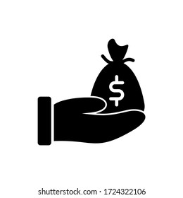 Diseño de iconos de glifos de donación. Diseño de ilustraciones de personas preocupadas. Mano de gesto con símbolo de donación de dinero. Icono vector de glifo negro.