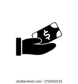 Donation glyph icon design. Caring people illustration design. Gesture hand with money donation sign symbol. Black glyph vector icon.