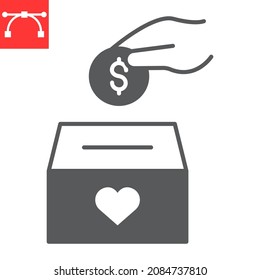Donation glyph icon, donate box and volunteering, Hand putting money vector icon, vector graphics, editable stroke solid sign, eps 10.